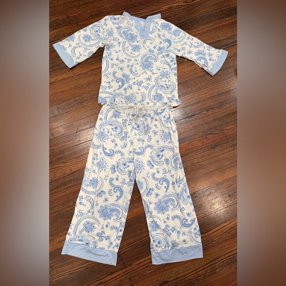 Flora Nickrooz Blue And White Floral Stripe Pajama Set Sz Sm Rn149600 Sleep